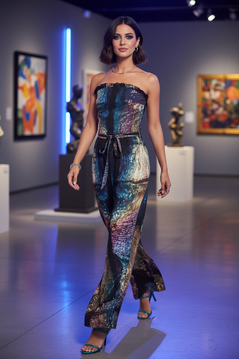 Woman in a colorful strapless jumpsuit standing in an art gallery.
