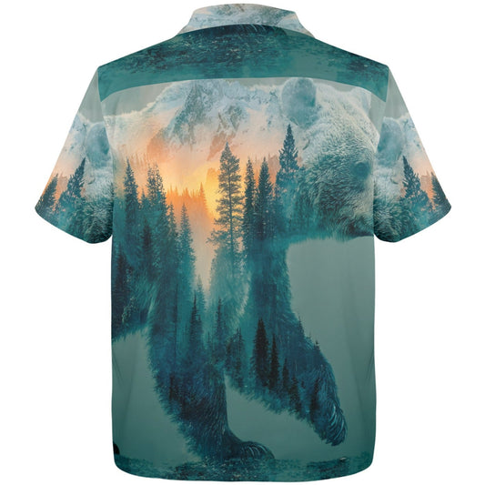 Short-sleeve shirt with a bear and forest design on a white background