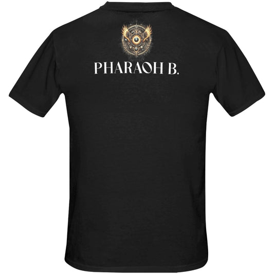 Black t-shirt with 'PHARAOH B.' text and logo on a white background