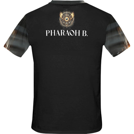 Black t-shirt with 'PHARAOH B.' branding on a white background
