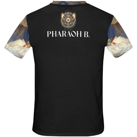 Black t-shirt with 'PHARAOH B.' text on the back against a white background