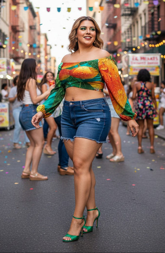 Woman in colorful top and denim shorts standing on a street with confetti, people, and colorful lights in the background.