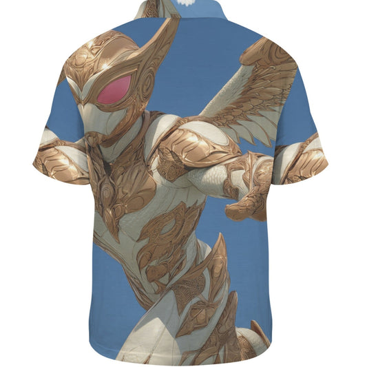 Short-sleeve shirt with a superhero design on a blue background