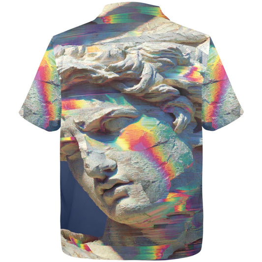 Short-sleeve shirt with a stone statue design and rainbow patterns on a white background