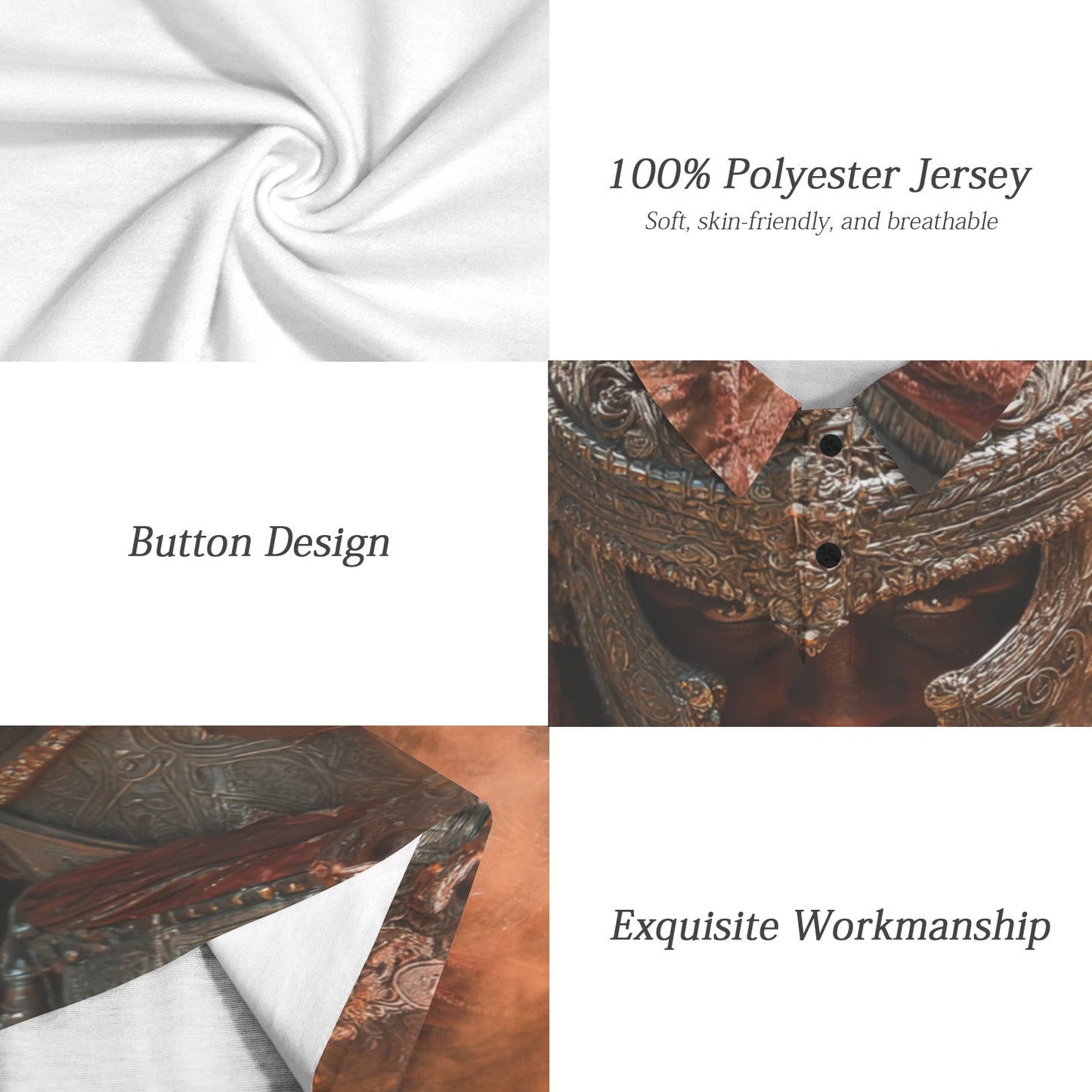Collage of images showing 100% Polyester Jersey fabric, button design, and exquisite workmanship.