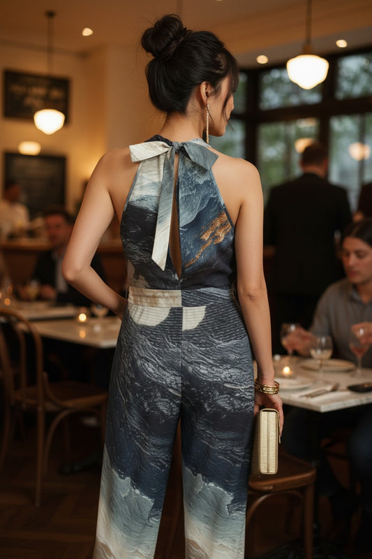 Woman in a patterned jumpsuit standing in a restaurant setting