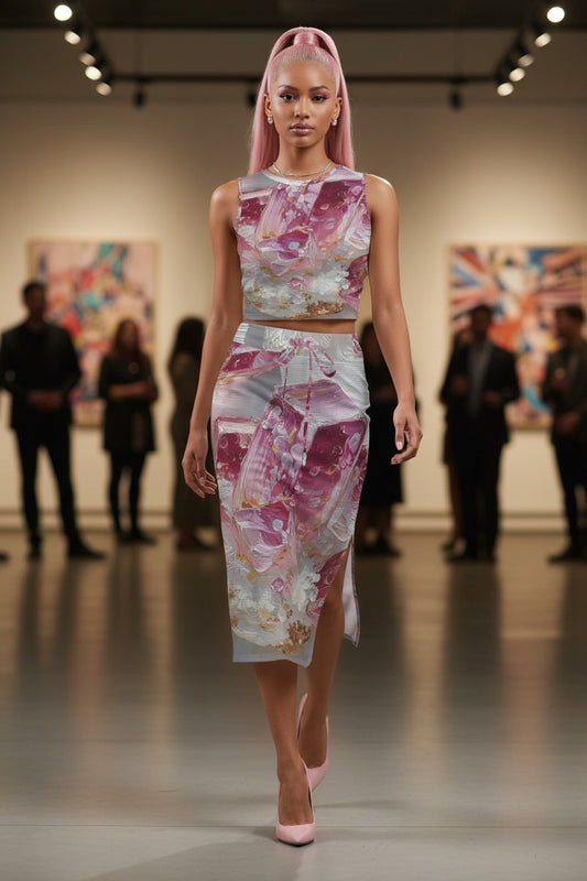 Model wearing a colorful outfit walking on a runway with an art gallery setting.