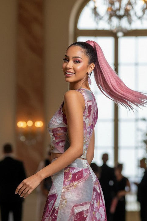 Woman in a pink dress standing in an elegant interior setting