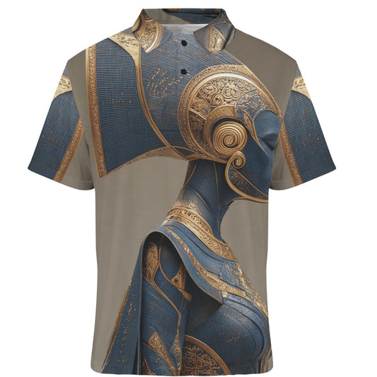 Short-sleeve shirt with intricate blue and gold design on a white background
