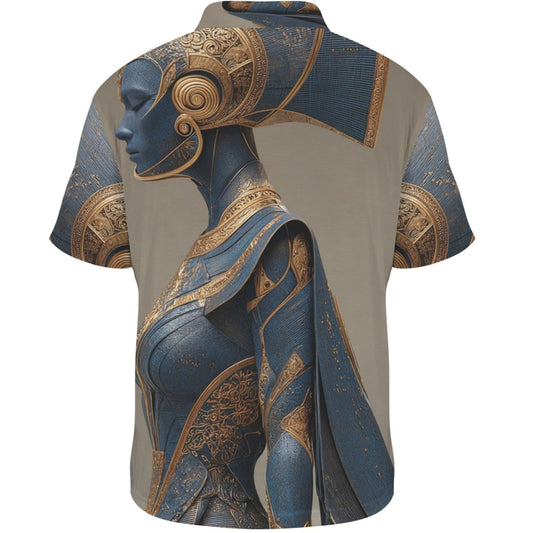 Short-sleeve shirt with intricate blue and gold design on a white background