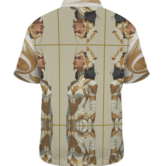 Short-sleeve shirt with a graphic design of a woman in an ancient Egyptian costume on a beige background.