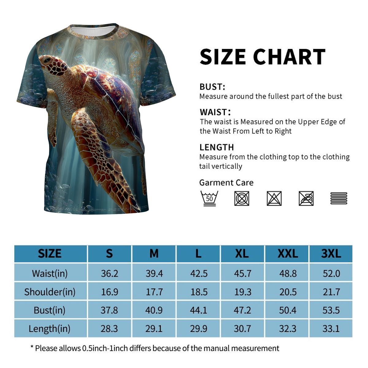 T-shirt with turtle design and size chart on a white background