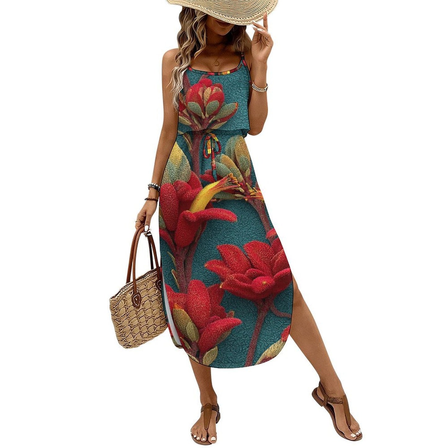 Custom Womens Spaghetti Strap Tie Waist Midi Dress