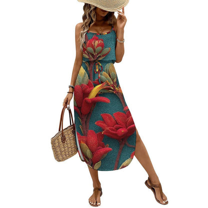 Custom Womens Spaghetti Strap Tie Waist Midi Dress