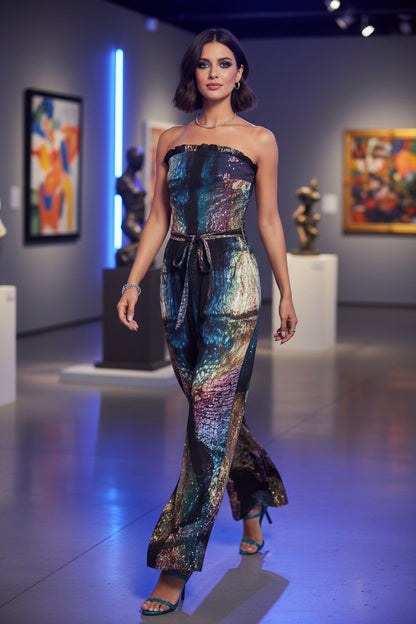 Woman in a colorful strapless jumpsuit standing in an art gallery.