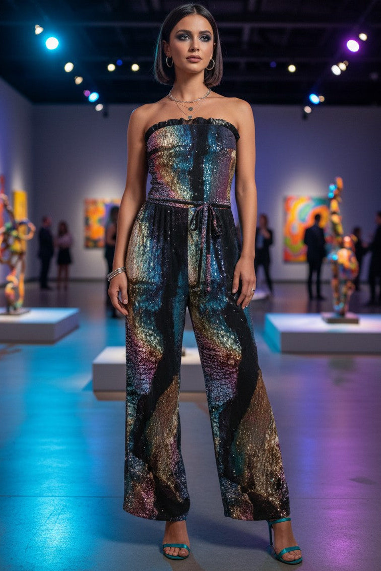 Woman in a colorful strapless jumpsuit standing in an art gallery.