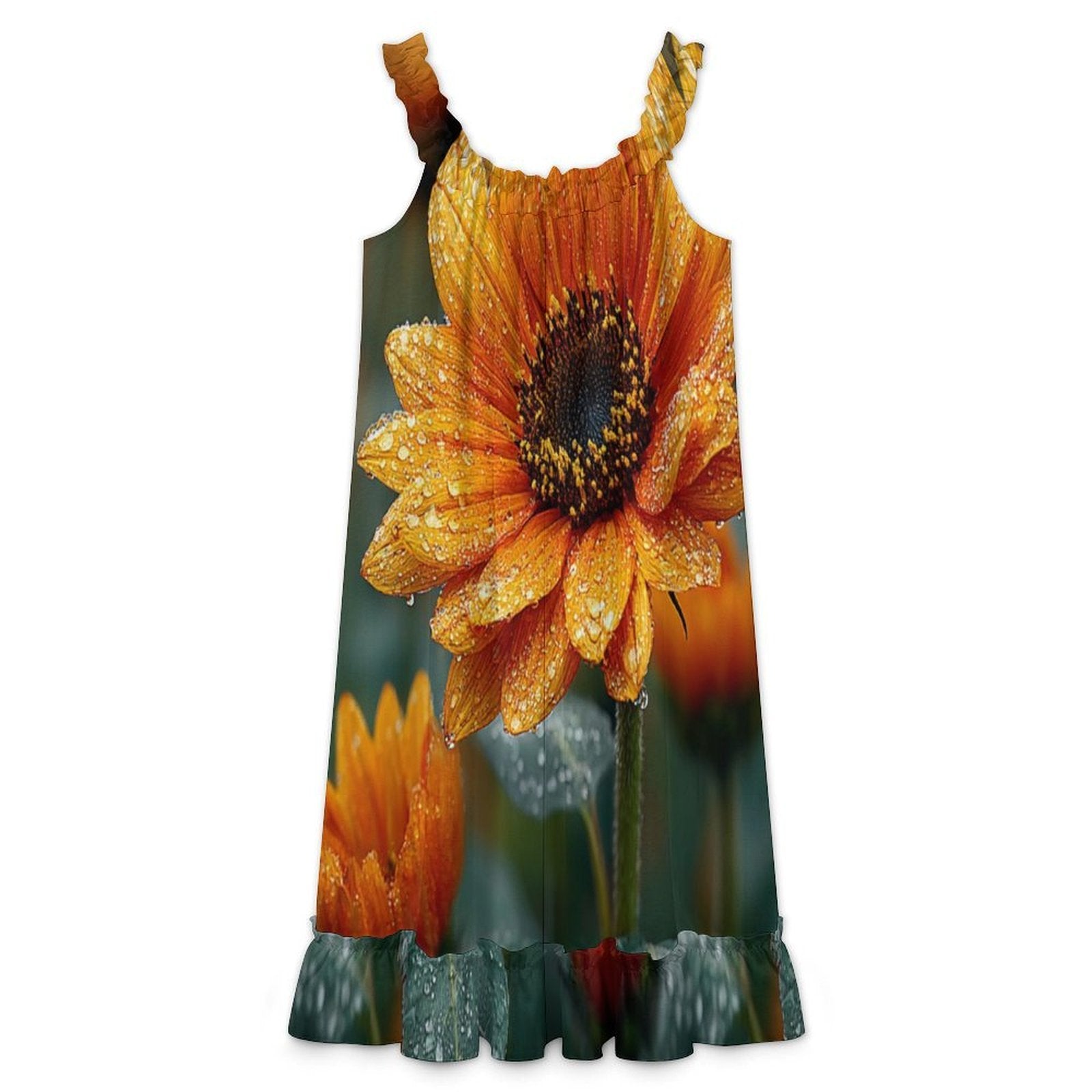 All-Over Print Women's Ruffled Lace Neck Spaghetti Strap Dress