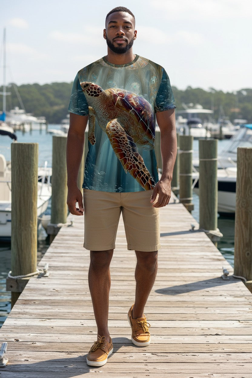 Man standing on a dock wearing a t-shirt with a turtle design, surrounded by water and boats.
