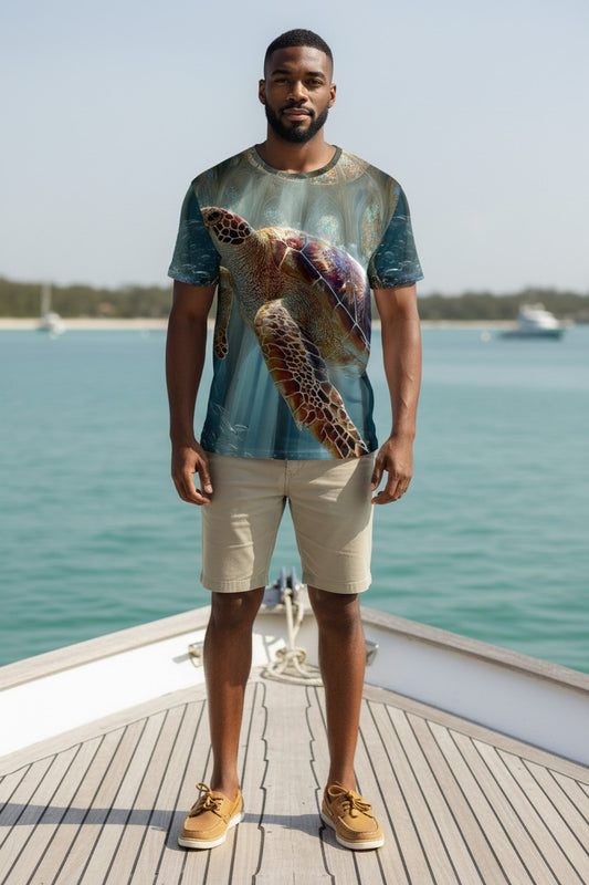 Man standing on a boat wearing a t-shirt with a turtle design, with water and sky in the background.