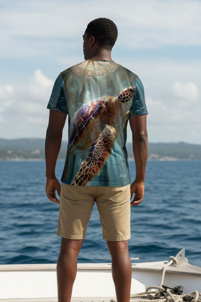 Man on a boat wearing a shirt with a turtle design, looking at the ocean.