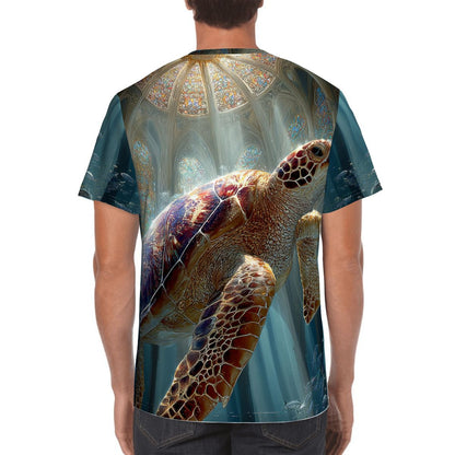 T-shirt with a turtle design on a person against a white background