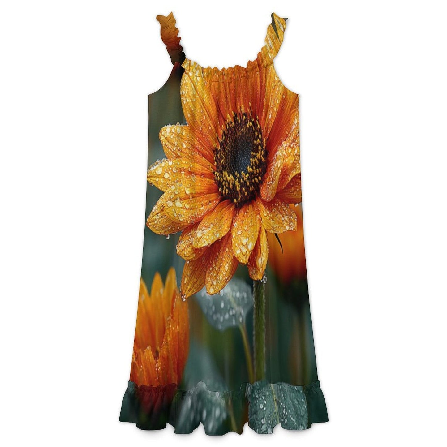 All-Over Print Women's Ruffled Lace Neck Spaghetti Strap Dress