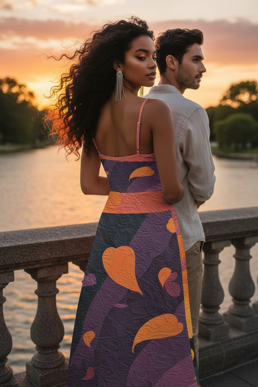 Couple standing by a waterfront at sunset, woman in a colorful dress