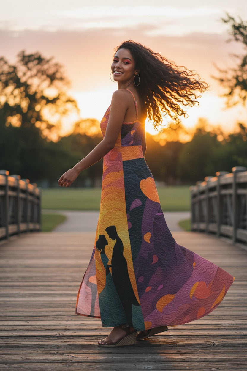 Woman in a colorful dress standing on a wooden boardwalk with a sunset in the background