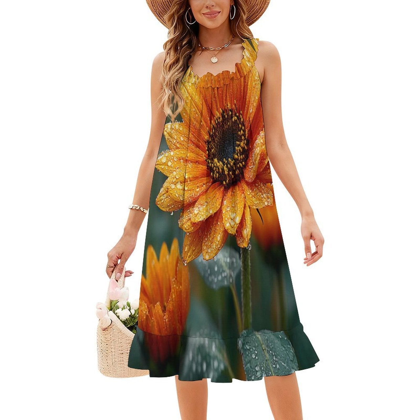 All-Over Print Women's Ruffled Lace Neck Spaghetti Strap Dress