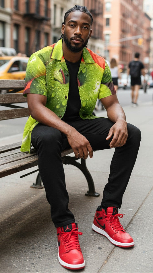 Man sitting on a bench wearing a colorful shirt, black pants, and red sneakers in an urban setting.