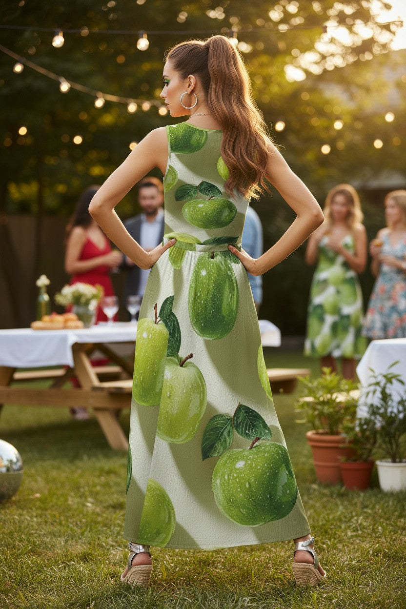 Woman wearing a dress with green apple pattern in an outdoor setting