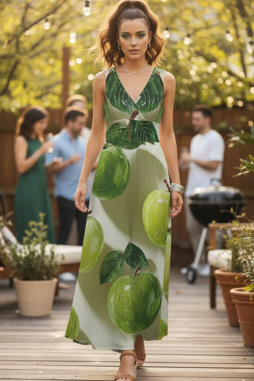 Woman wearing a dress with green apple design on a wooden deck
