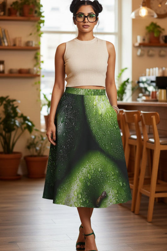 Woman wearing a green apple patterned skirt in a room with plants and furniture.