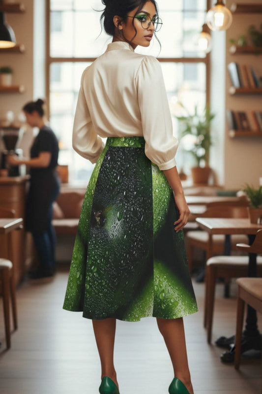Woman in a green skirt and white blouse standing in a cafe.