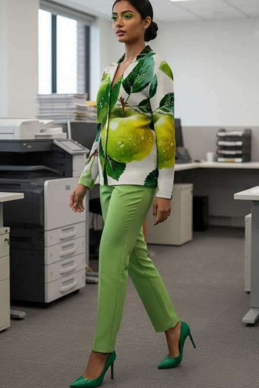 Woman in a green and white apple patterned outfit walking through an office.
