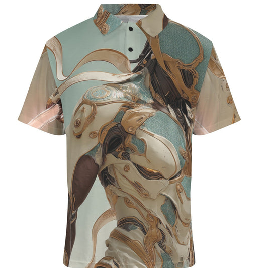 Short-sleeve shirt with horse and rider design on a white background