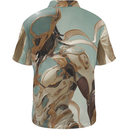 Short-sleeve shirt with abstract animal design on a light green background