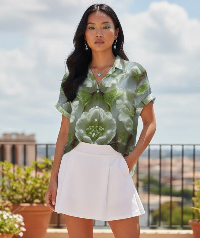 Woman in a green floral shirt and white skirt standing on a rooftop with plants and buildings in the background.