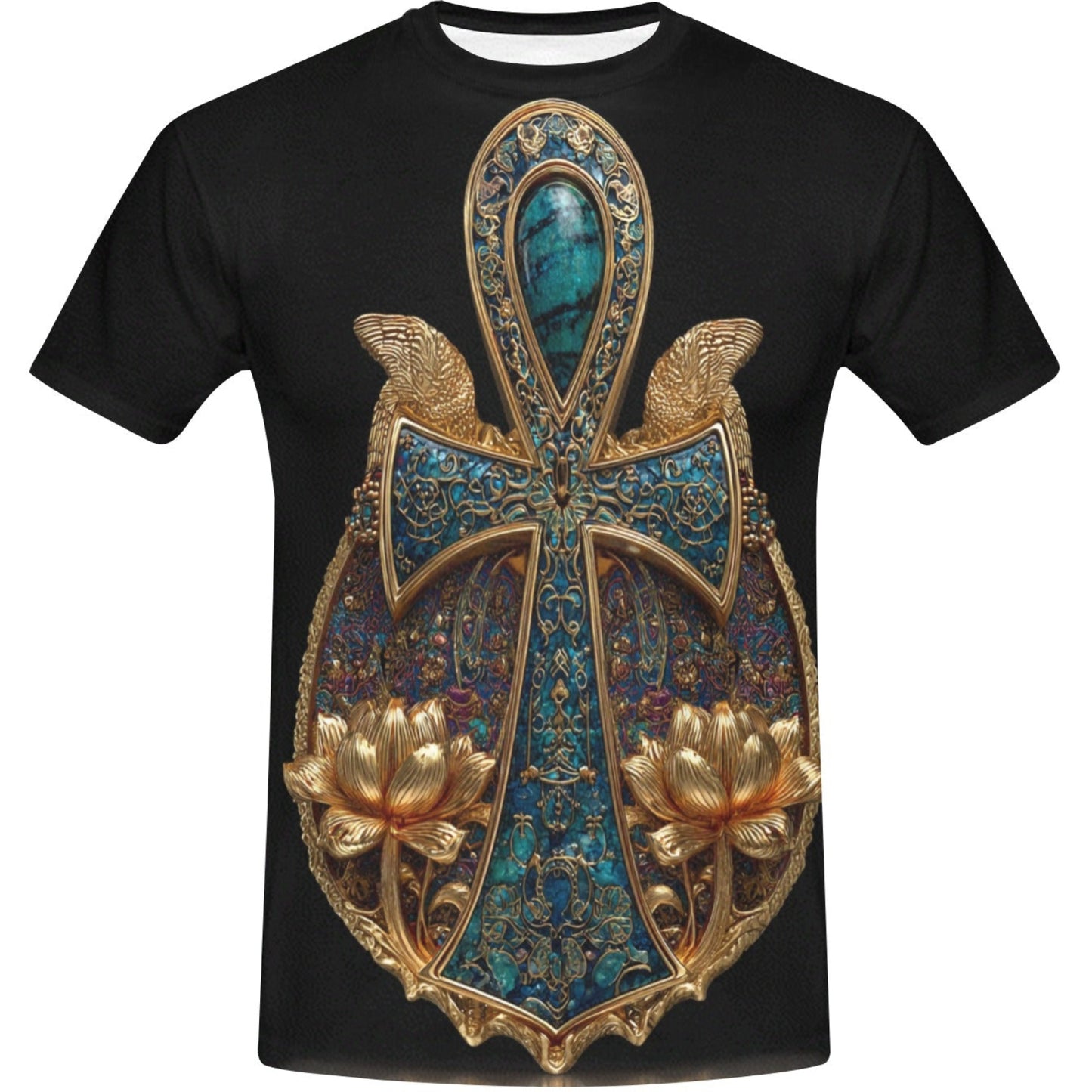 Black t-shirt with a decorative cross design featuring gold and blue colors on a white background