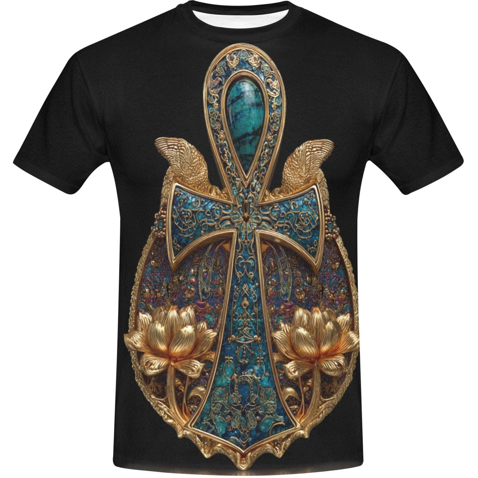 Black t-shirt with a decorative cross design featuring gold and blue colors on a white background