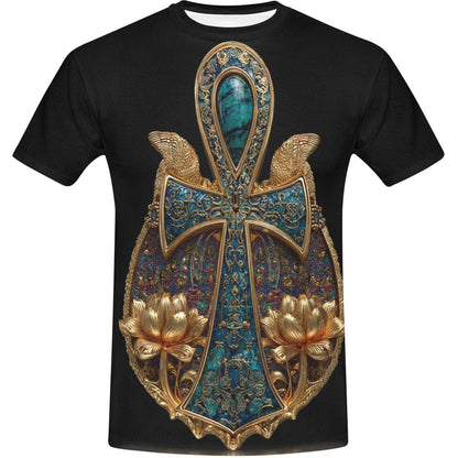 Black t-shirt with a decorative cross design featuring gold and blue colors on a white background