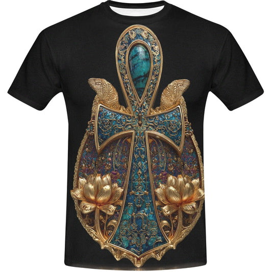 Black t-shirt with a decorative cross design featuring gold and blue colors on a white background