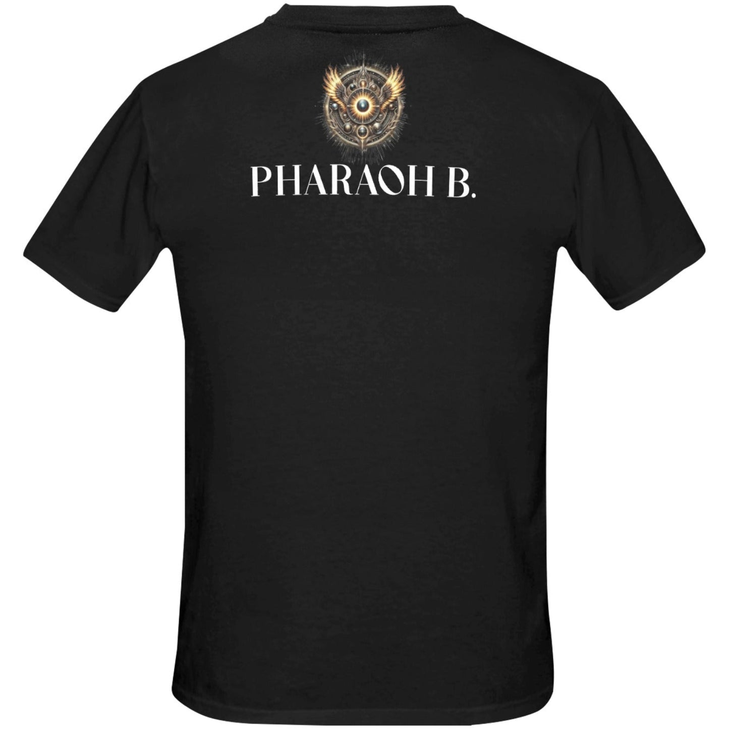 Black t-shirt with 'PHARAOH B.' text and logo on a white background