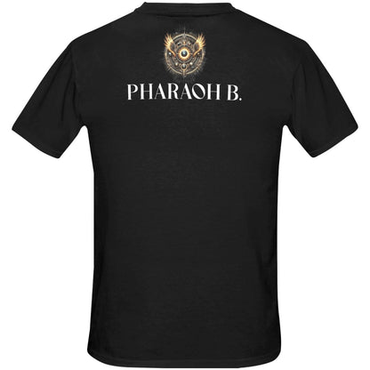Black t-shirt with 'PHARAOH B.' text and logo on a white background