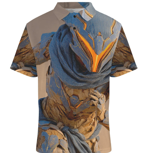 T-shirt with a graphic design of a character with armor and scarf on a white background
