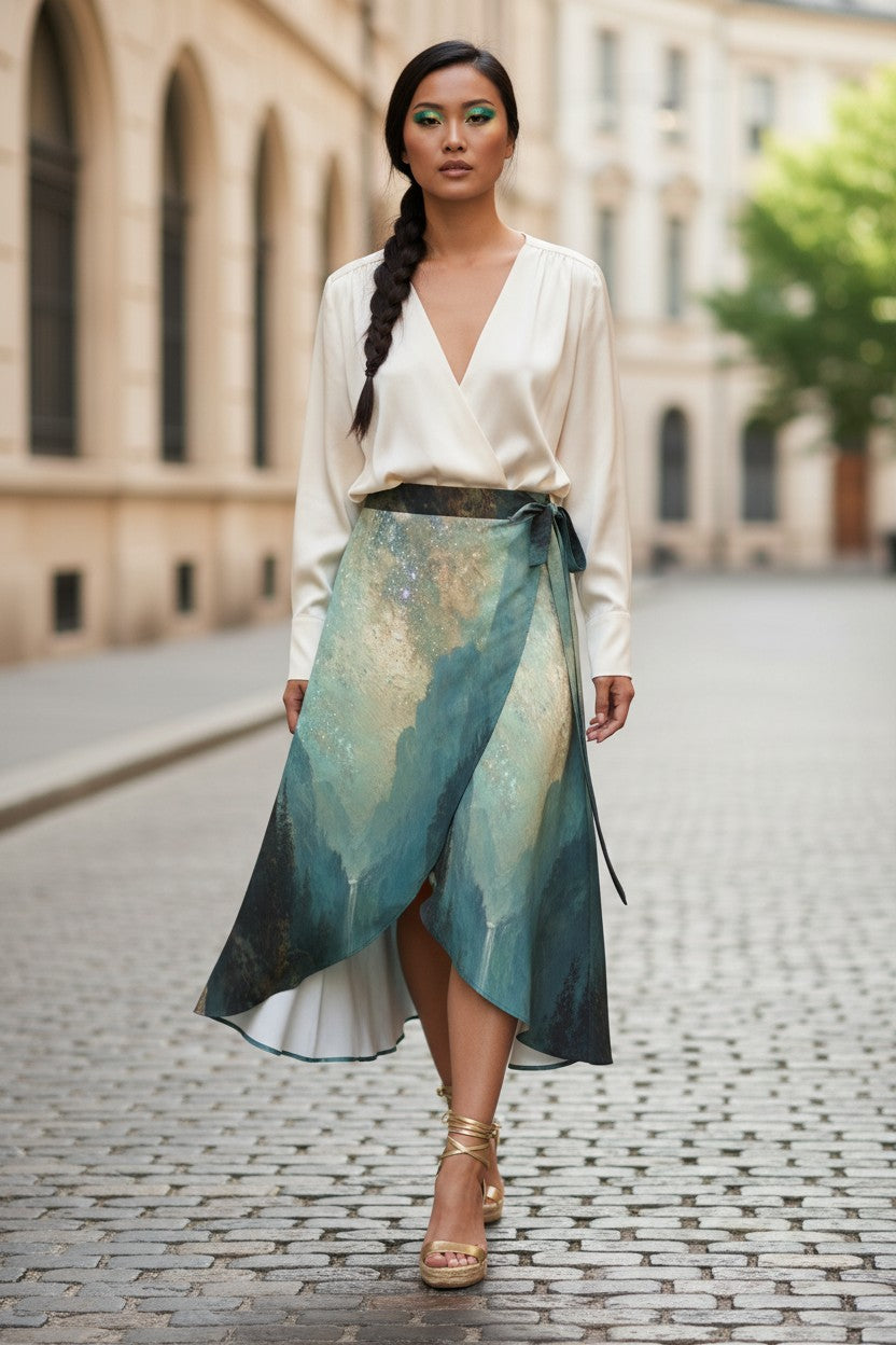 Woman wearing a white blouse and a green patterned skirt on a street.