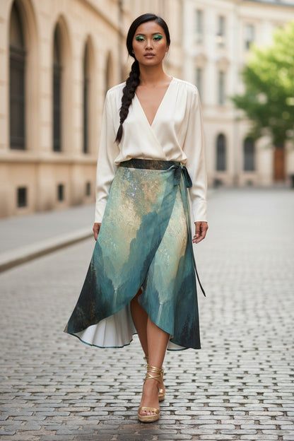 Woman wearing a white blouse and a green patterned skirt on a street.
