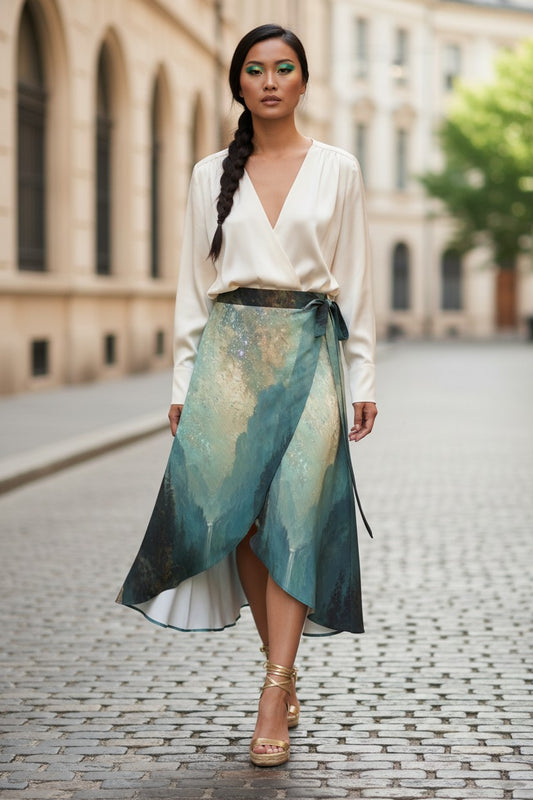 Woman wearing a white blouse and a green patterned skirt on a street.
