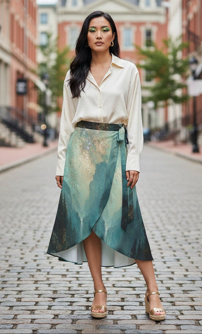 Woman in a white blouse and green patterned skirt standing on a city street.