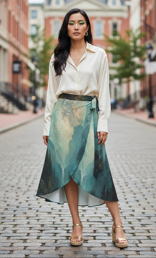 Woman in a white blouse and green patterned skirt standing on a city street.